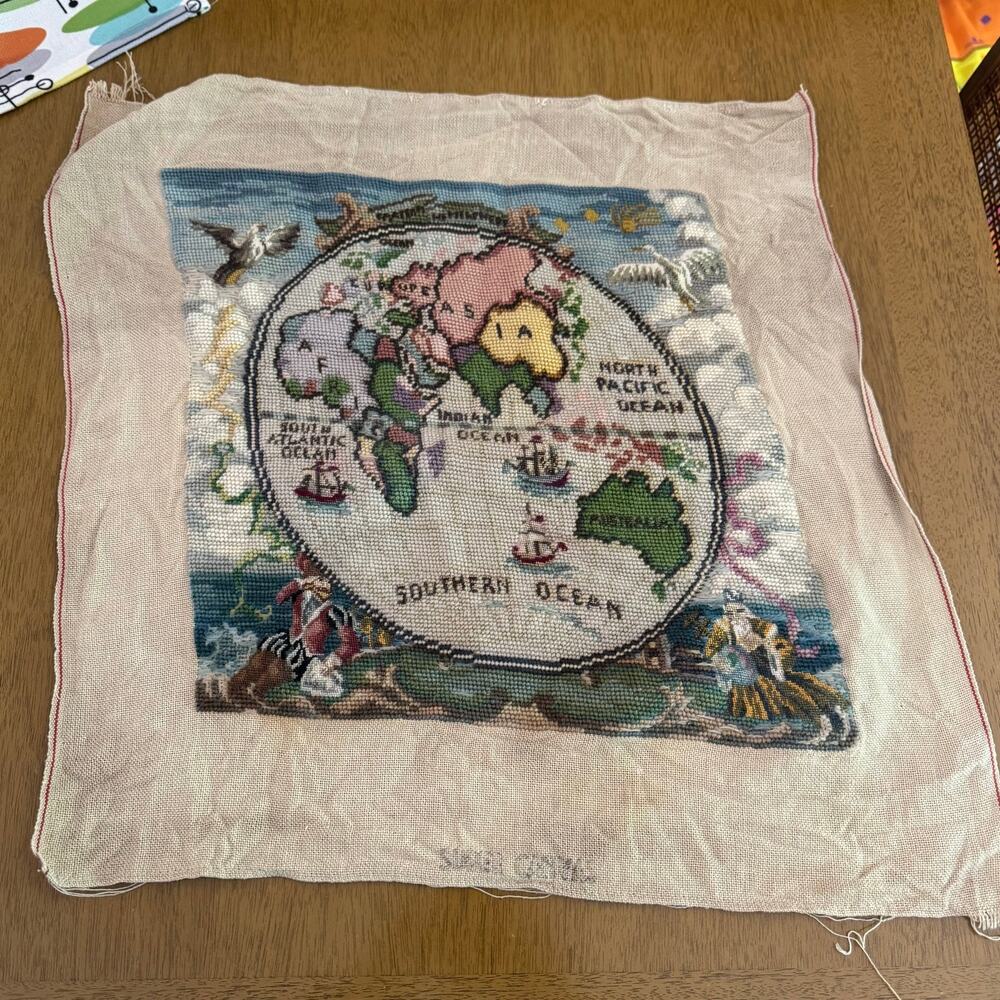 Vintage Embroidery Map Africa Asia Australia Hand Made Cross Stitch